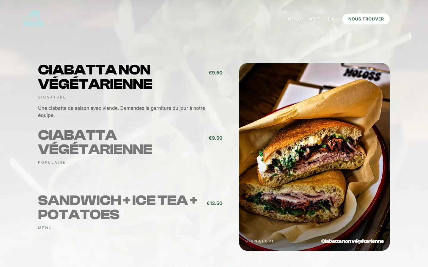 Vue ordinateur : présentation interactive du menu MOLOSS
