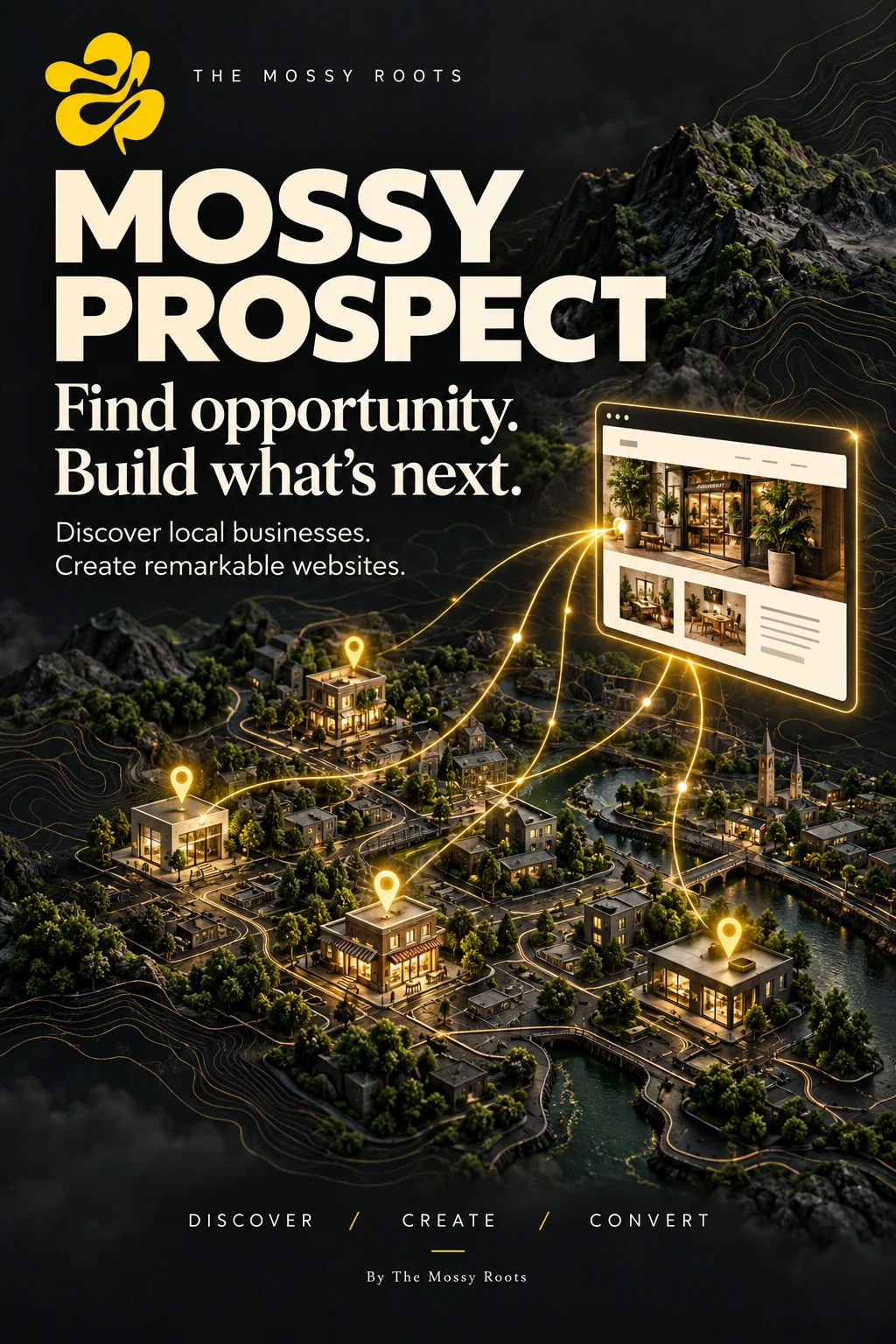 Bannière Mossy Prospect montrant des entreprises locales reliées à un concept de site web