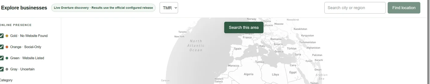 Mossy Prospect discovery interface with anonymized examples