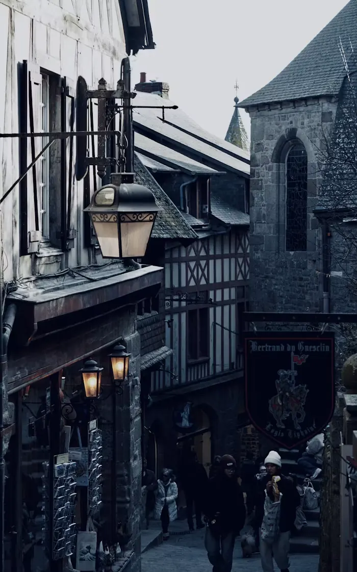 Narrow city street at dusk