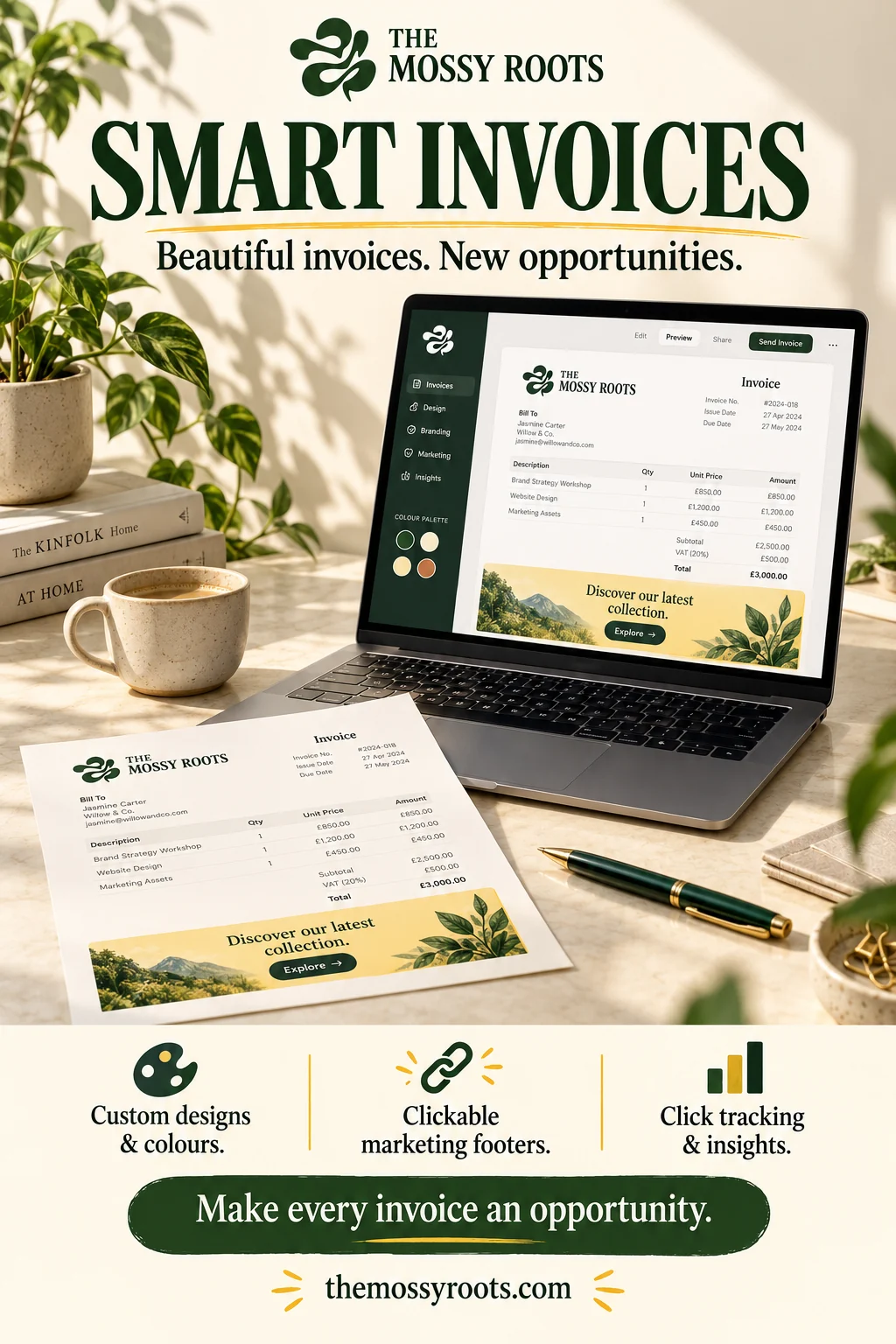 Bannière Smart Invoice montrant un concept de facture personnalisée sur un ordinateur